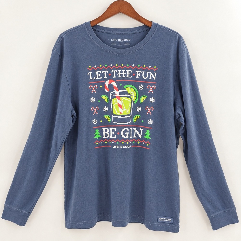 Life is Good Christmas Gin Graphic Long Sleeve Tee Mens Large Holiday Funny